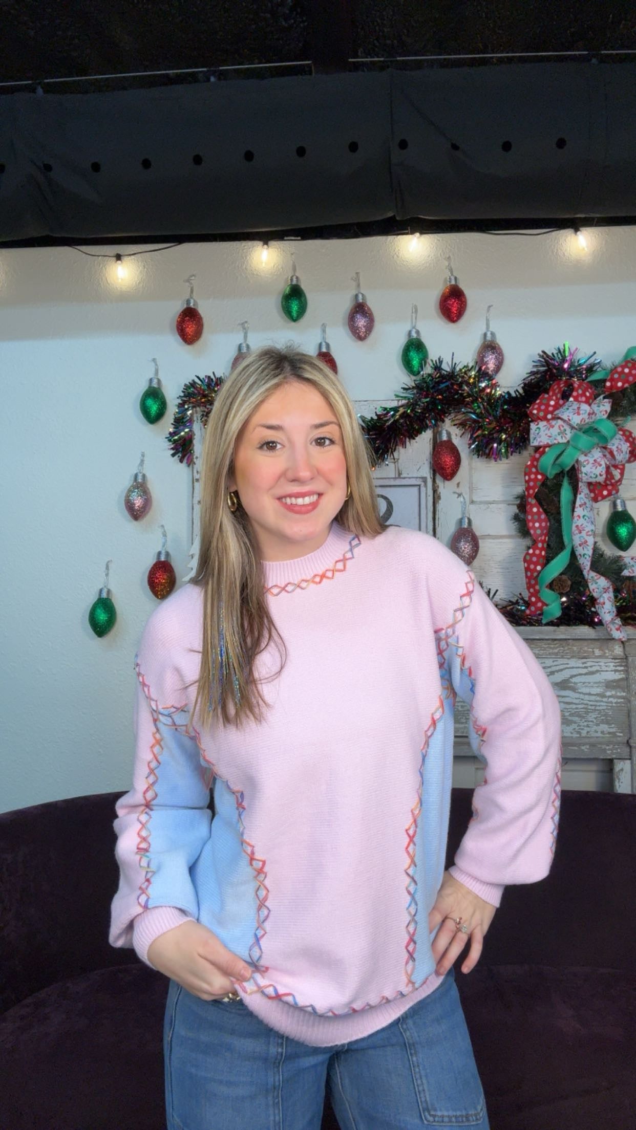 Color Block Stitching Bishop Sleeve Sweater