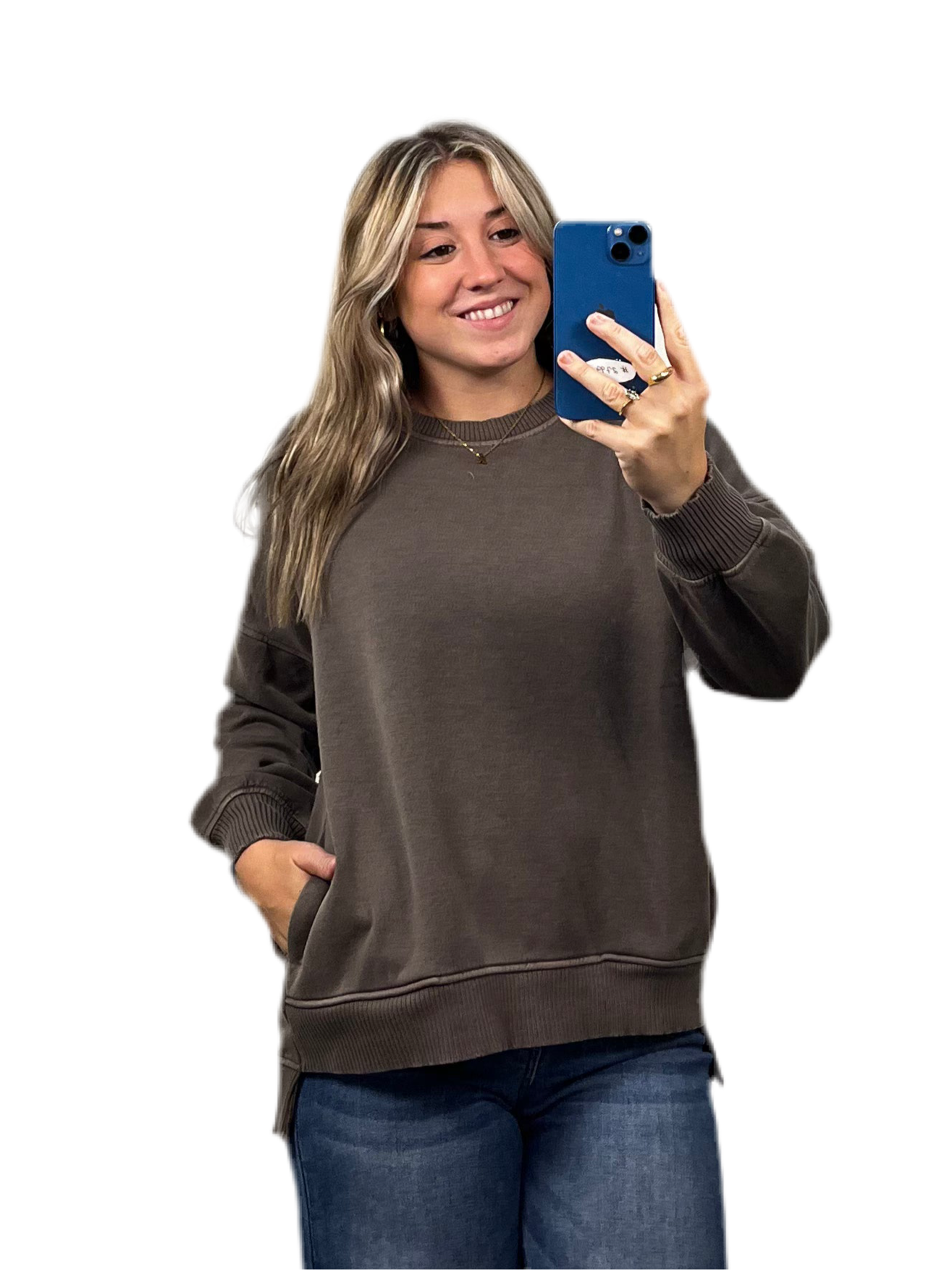 Pigment dye fleece hi-low hem pullover with pocket