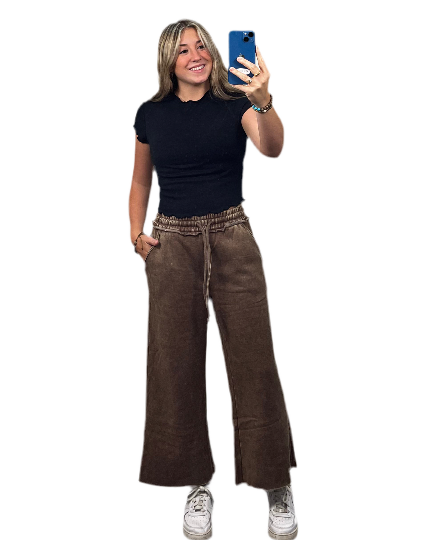 Acid wash fleece palazzo sweatpants with pockets