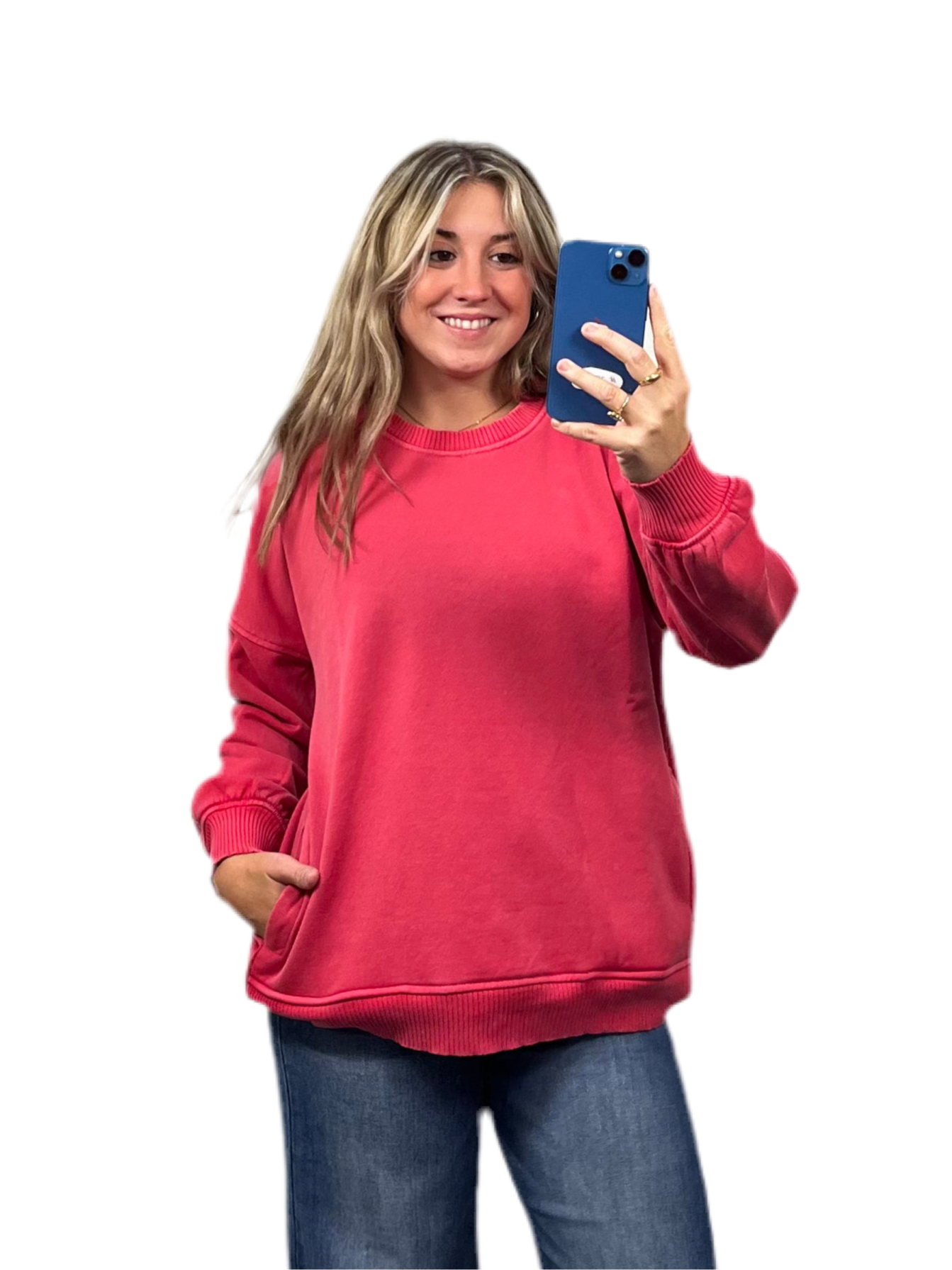 Pigment dye fleece hi-low hem pullover with pocket