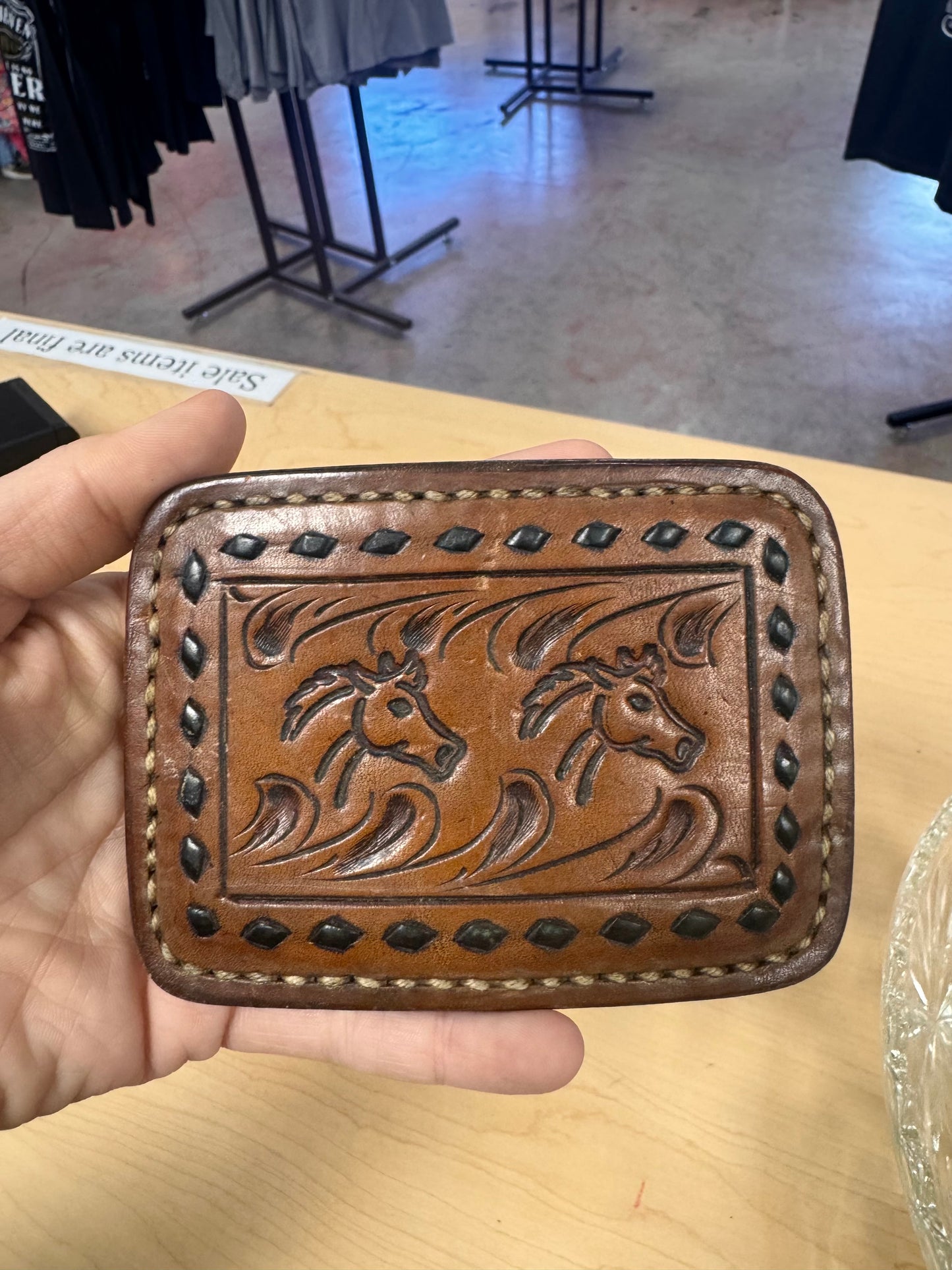 Vintage Hand-tooled Leather Belt Buckle