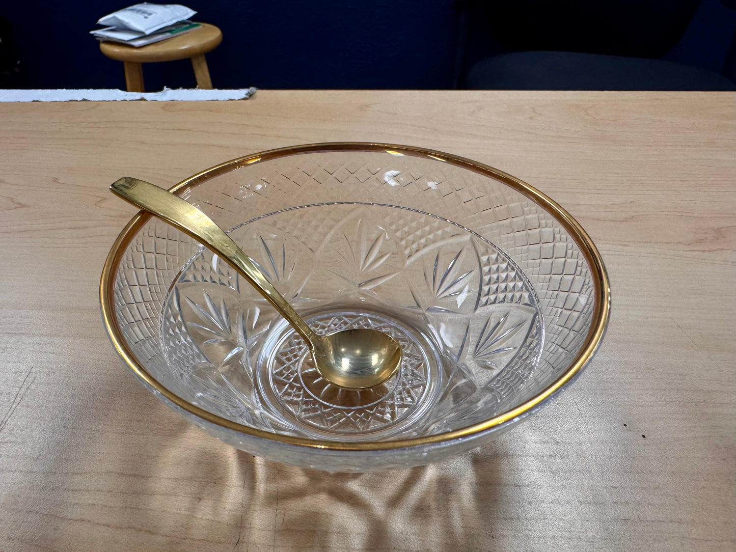 Pressed Glass Condiment Bowl & Gold Spoon