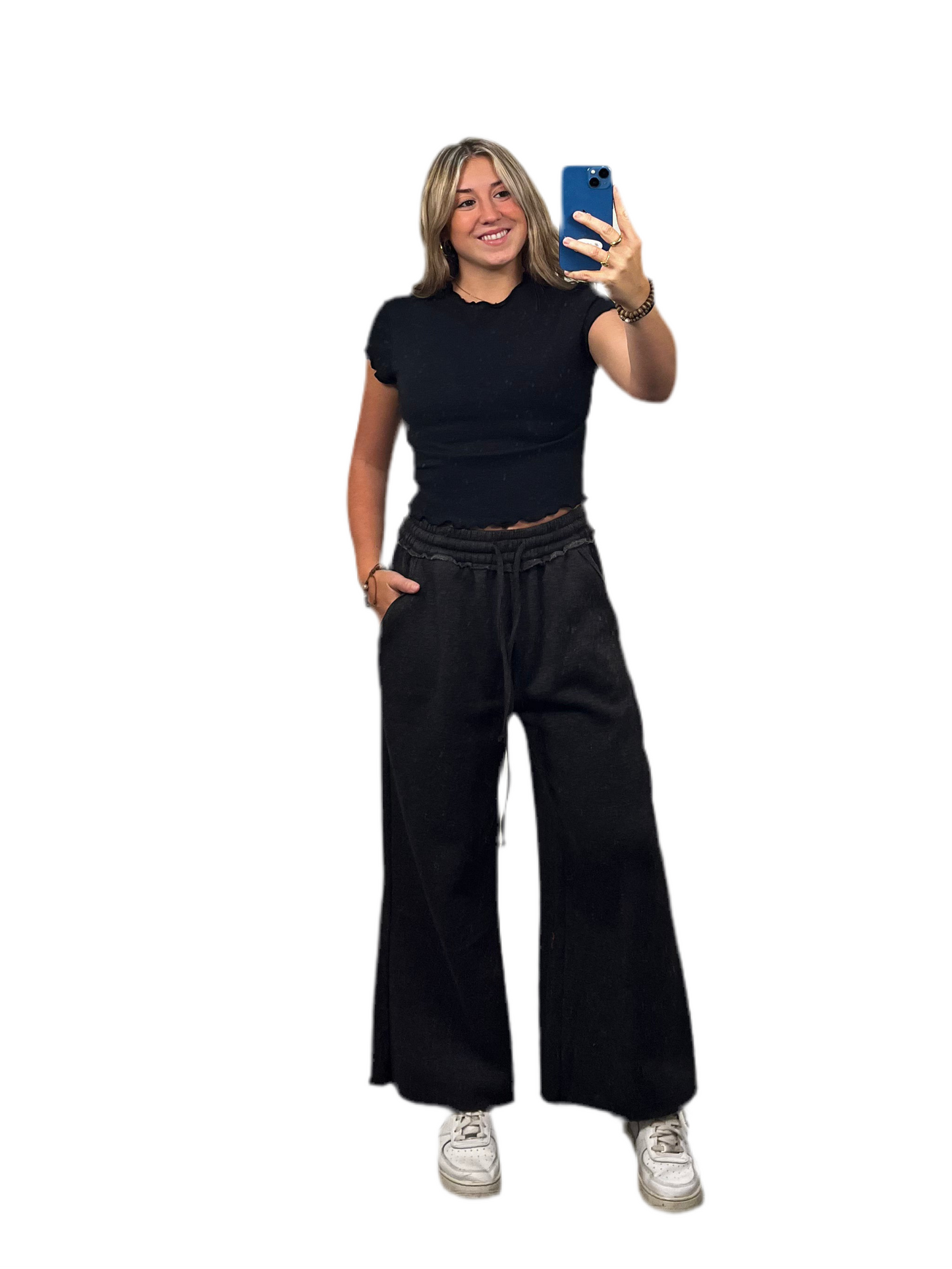 Acid wash fleece palazzo sweatpants with pockets