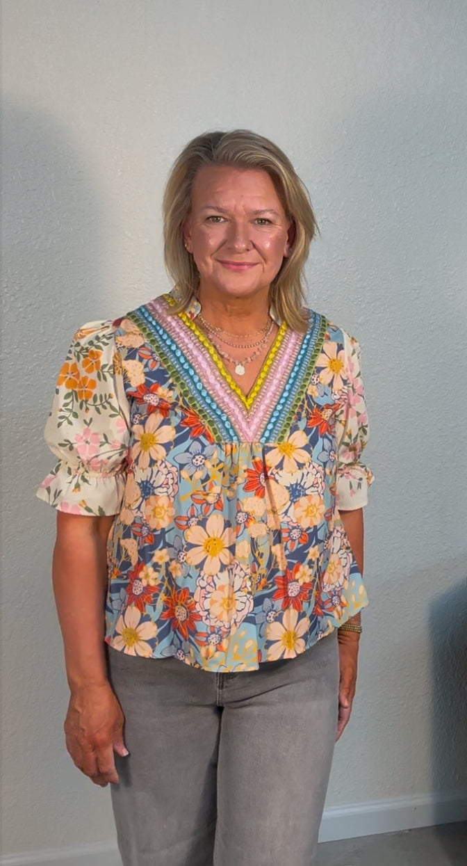 V neck Half Sleeve Boho Floral Blouse