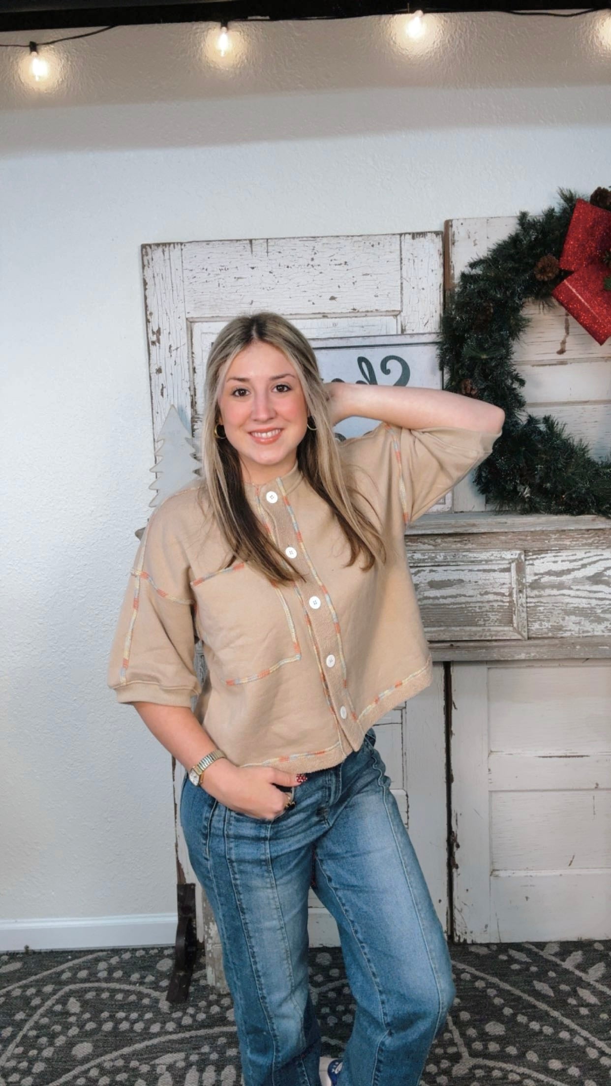 Enzyme Washed Terry Knit Button Down Top