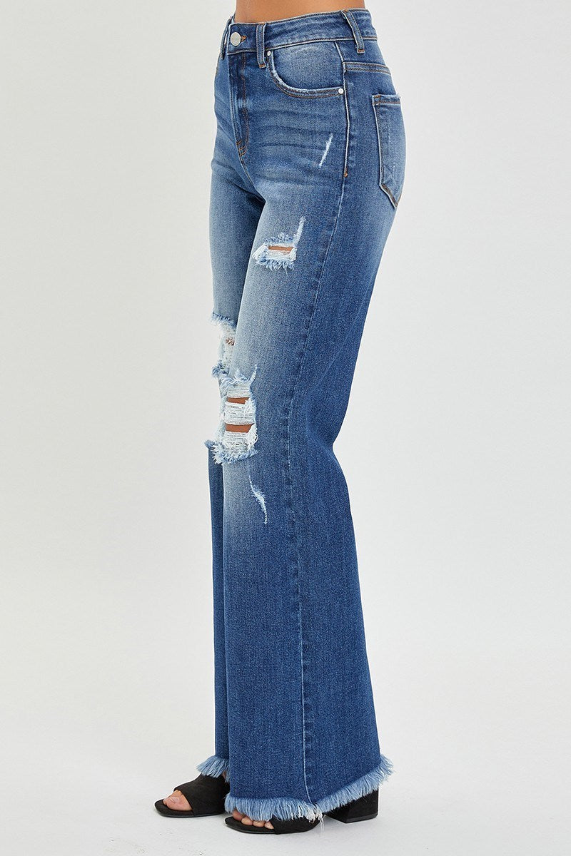 High Rise Knee Distressed Wide Straight Jeans