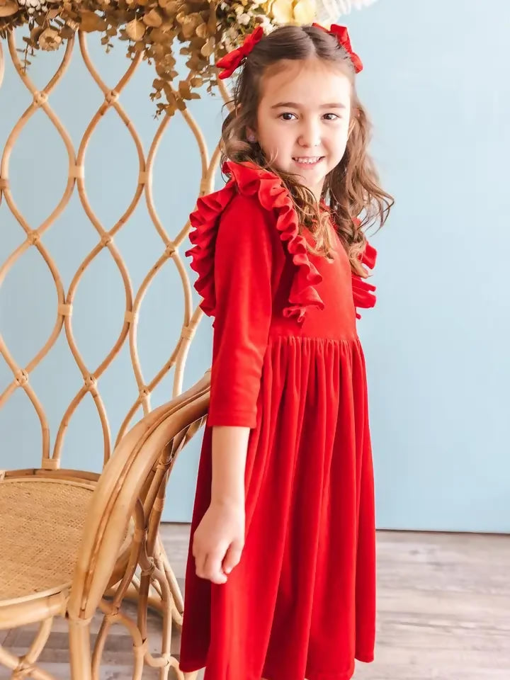 Red Velvet Ruffle Dress