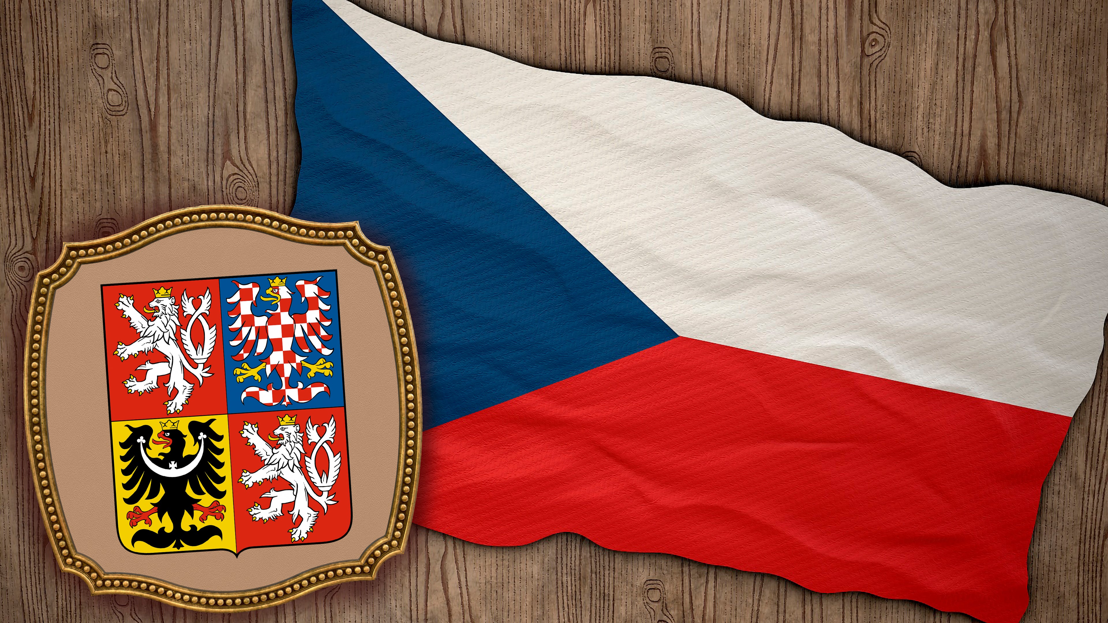 Czech flag on wooden background with Czech Republic Coat of Arms Seal