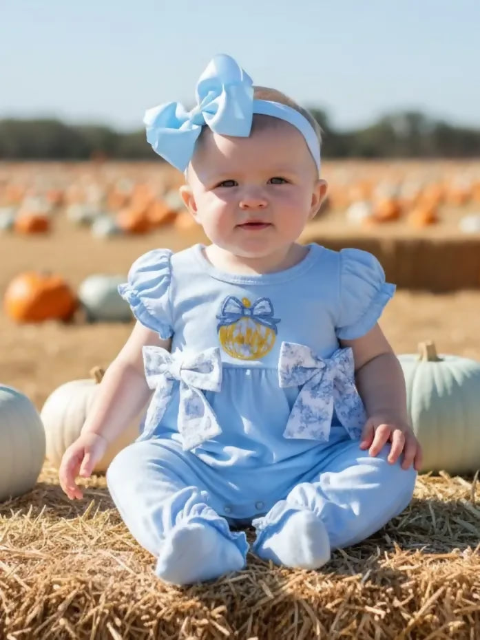 Blue Embroidered Pumpkin Baby Romper