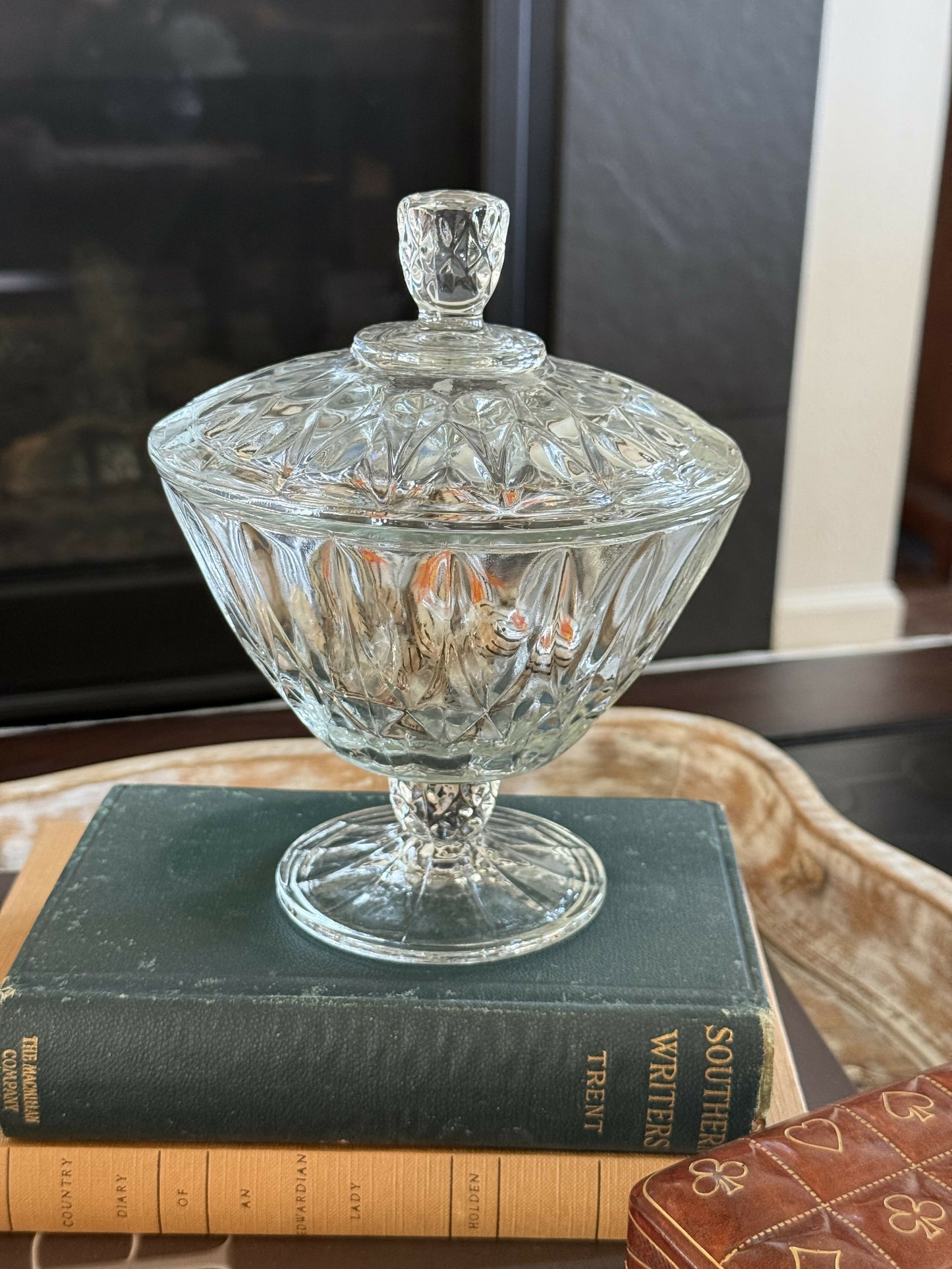 Glass pedestal candy dish with lid