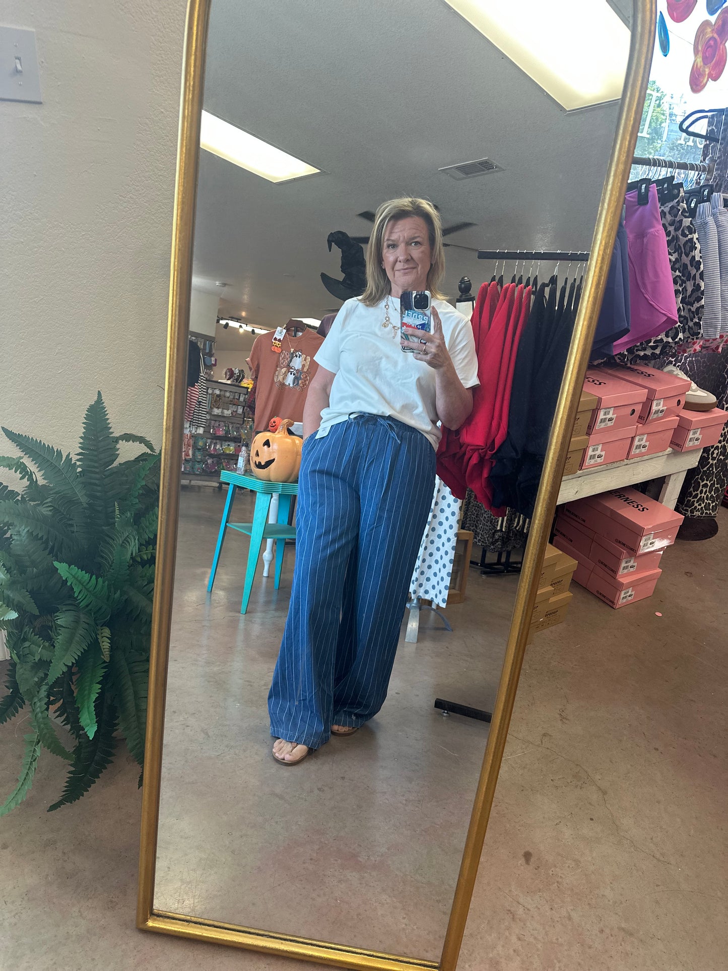 Stripe Chambray Wide Leg Elastic Waist Trousers