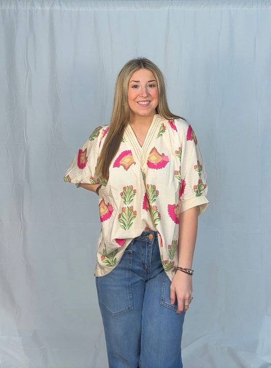 Fuchsia Floral V Neck