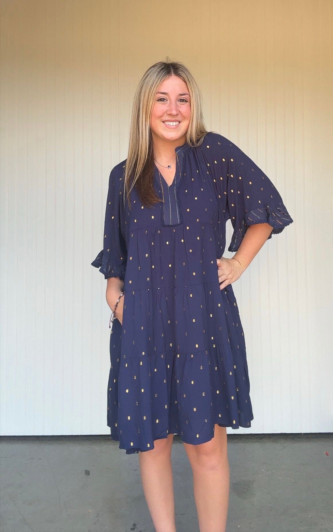 Metallic Dot Tiered Ruffle Sleeve Dress