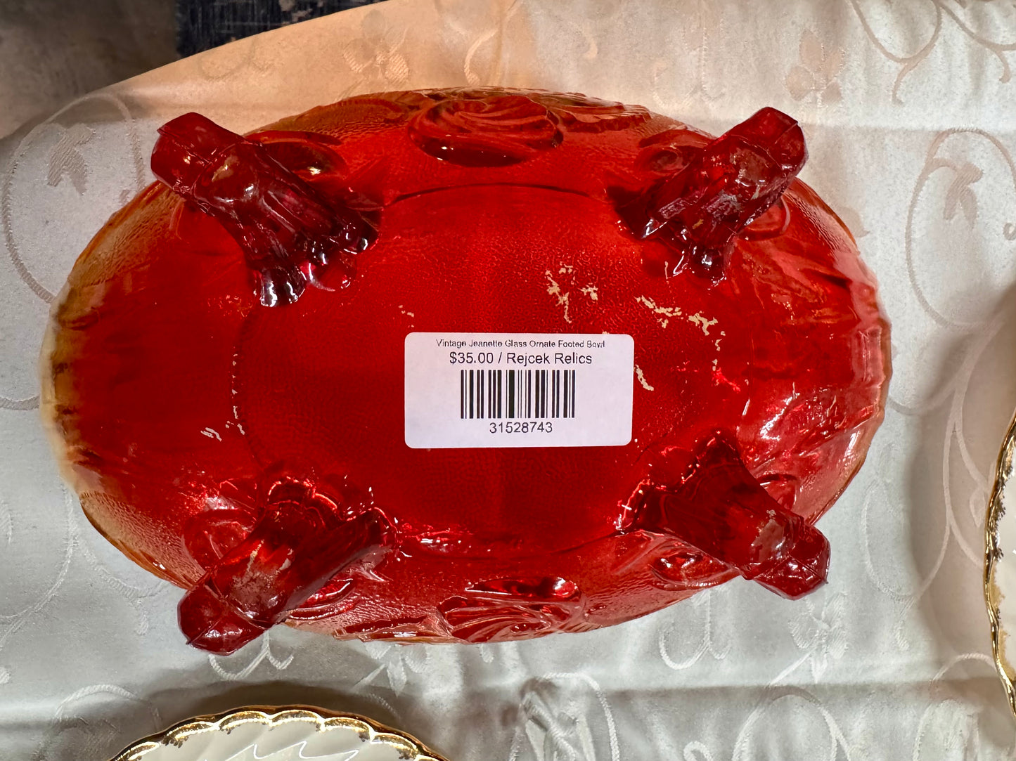 Vintage Jeanette Glass Ornate Footed Bowl