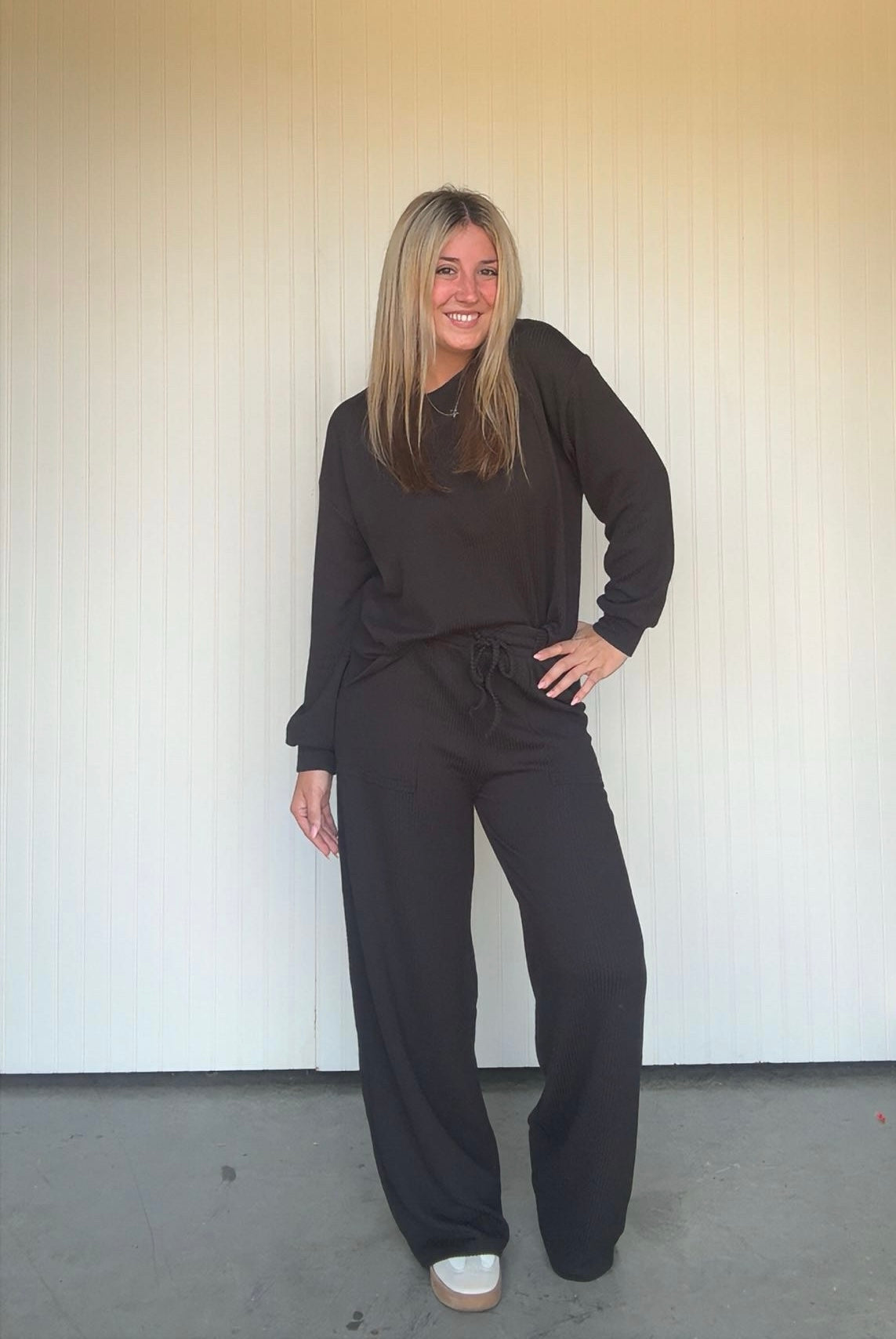 Raised Rib Round Neck Pullover Pant Set