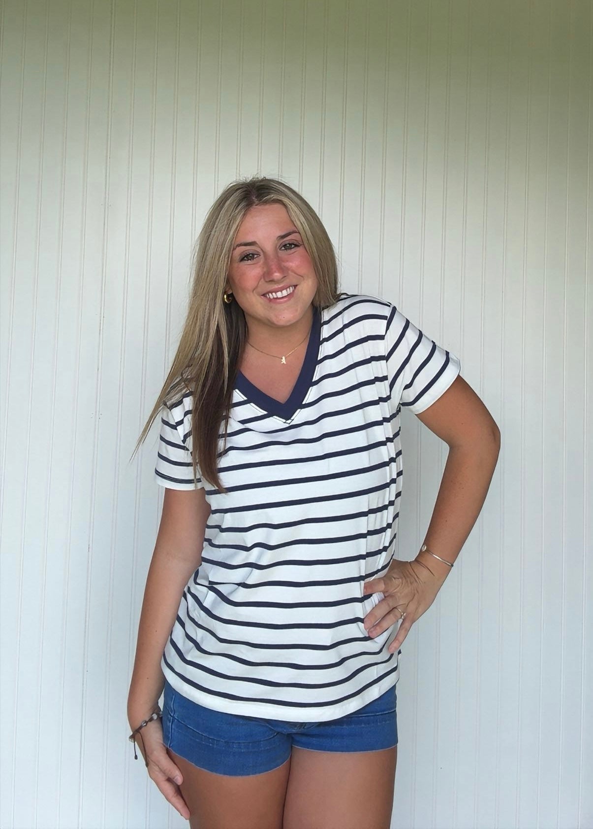 V Neck Striped Casual Tee