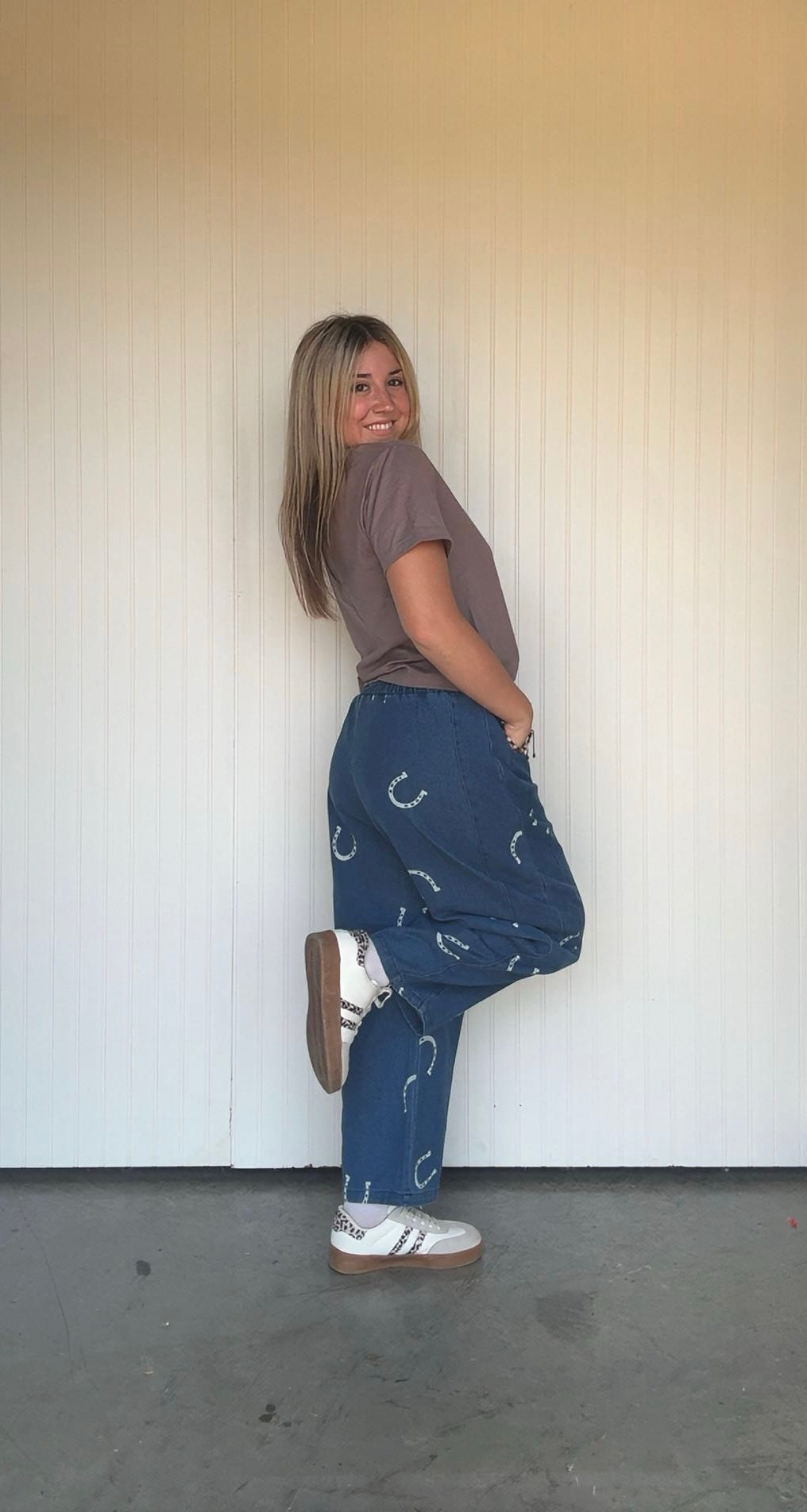 Oversized Horseshoe Print Denim Barrel Pants