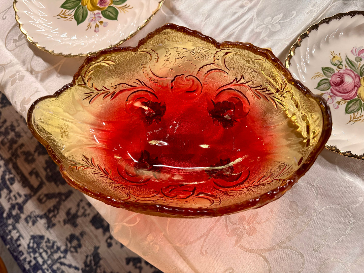 Vintage Jeanette Glass Ornate Footed Bowl