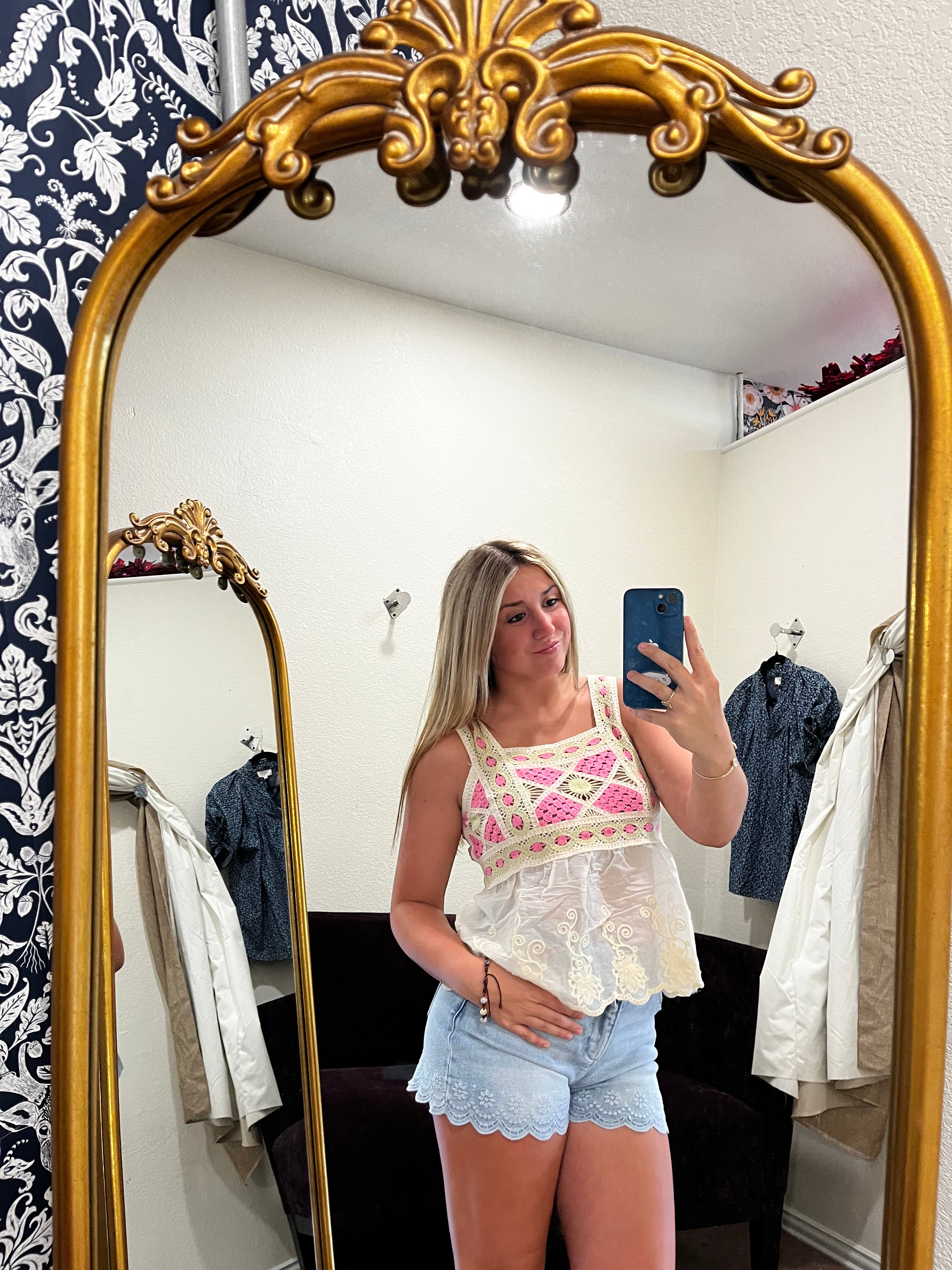 Embroidered Peplum Crochet Tank