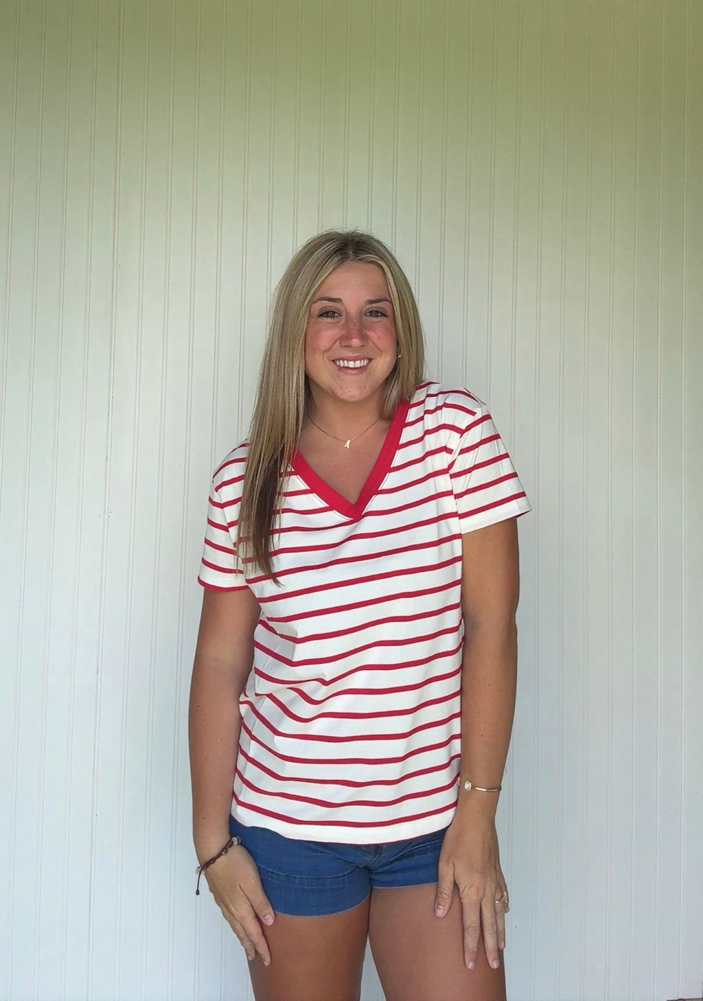 V Neck Striped Casual Tee