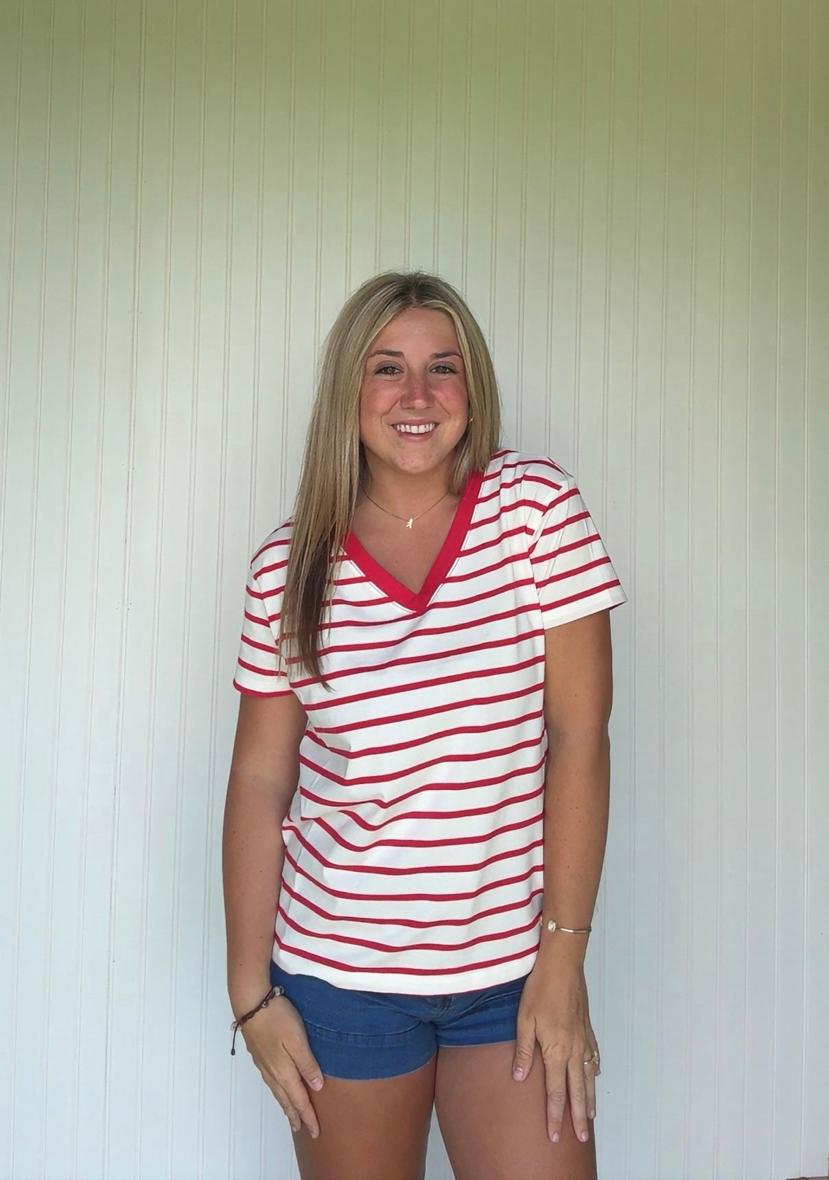 V Neck Striped Casual Tee