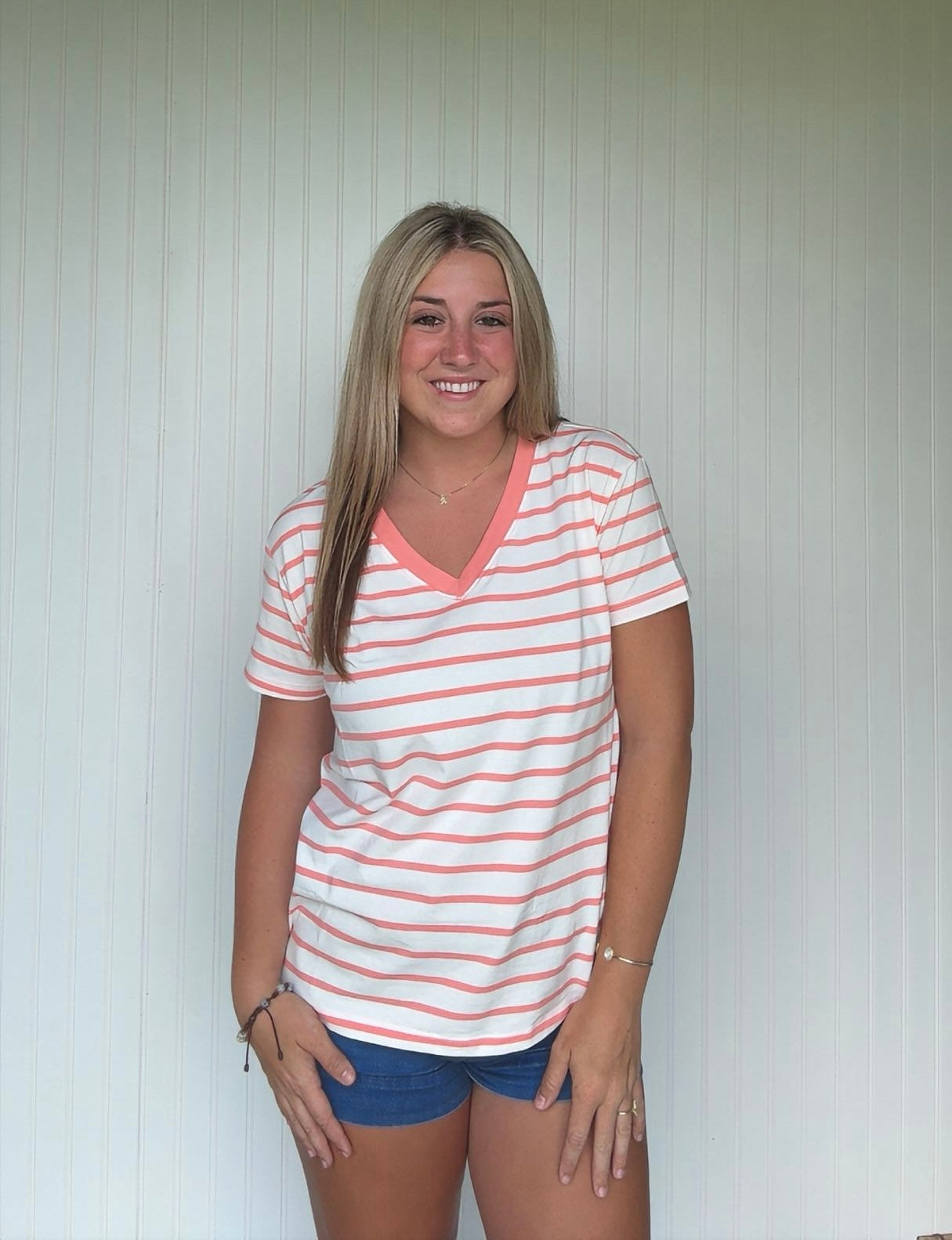 V Neck Striped Casual Tee
