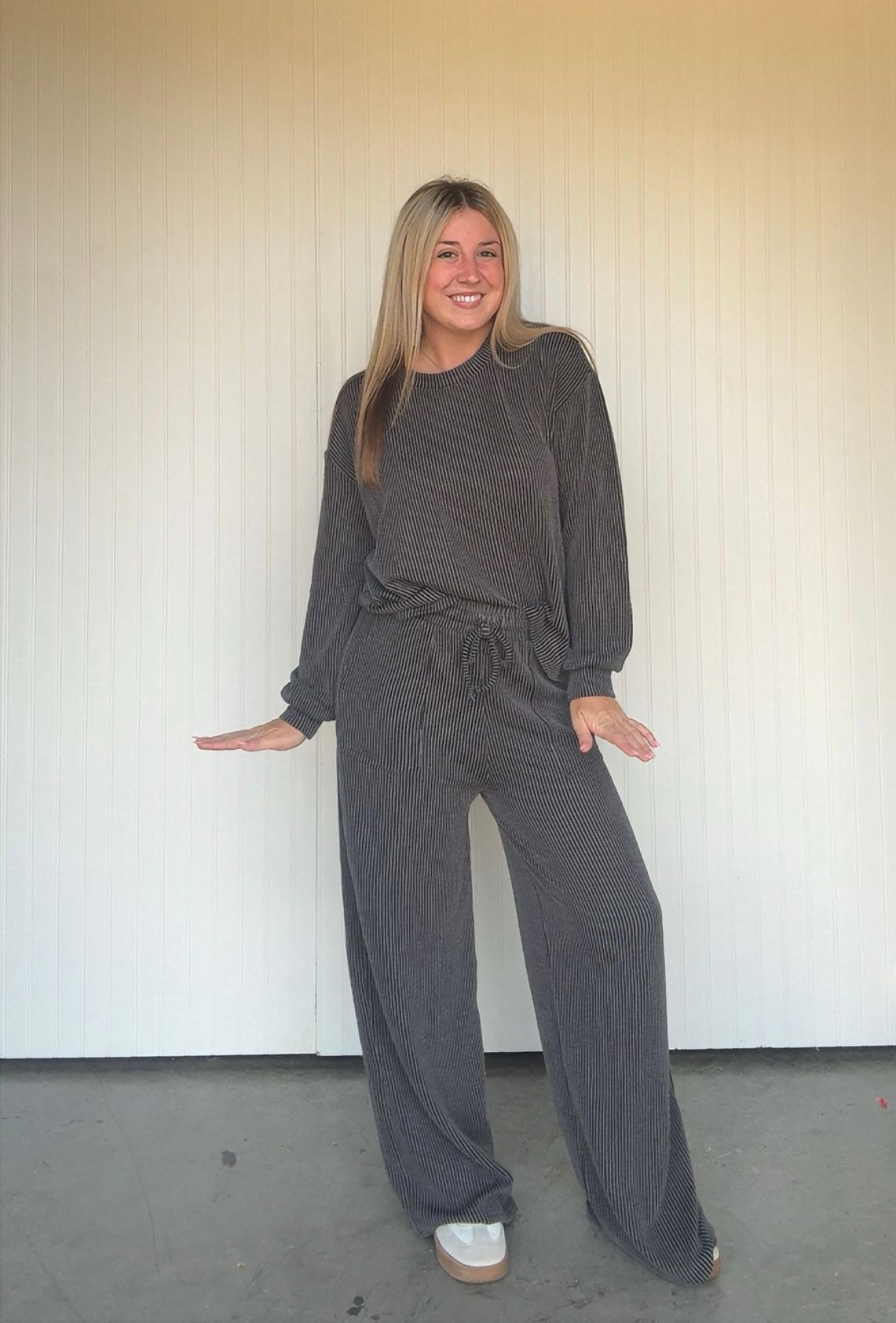 Raised Rib Round Neck Pullover Pant Set