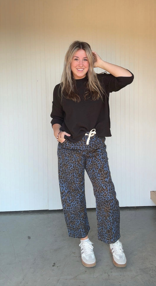 Blue Leopard Wide Leg Crop Pant
