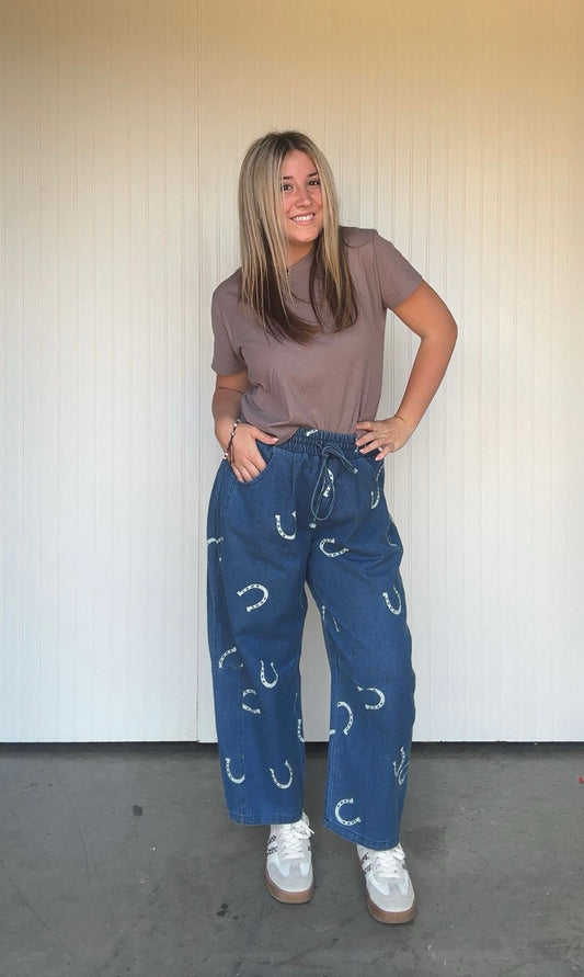 Oversized Horseshoe Print Denim Barrel Pants