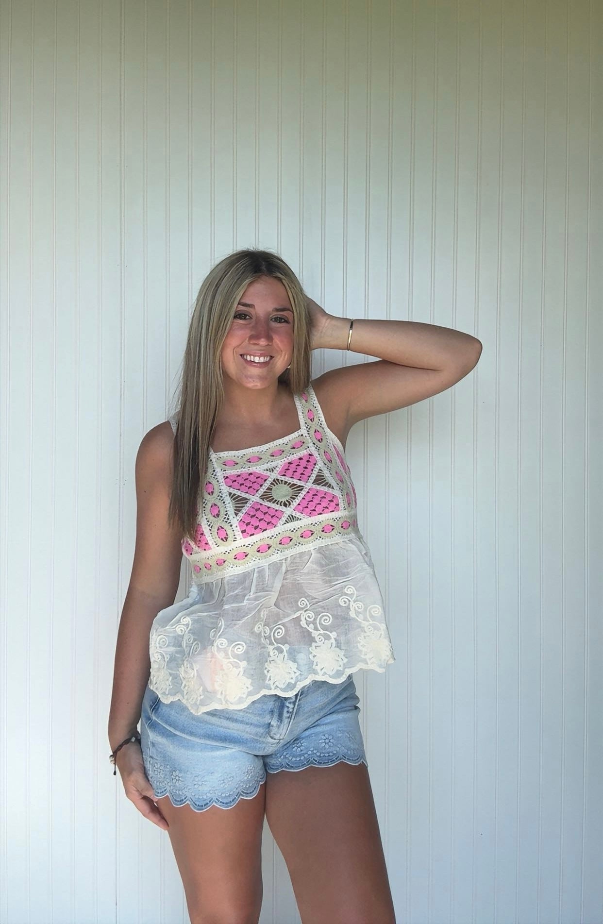 Embroidered Peplum Crochet Tank