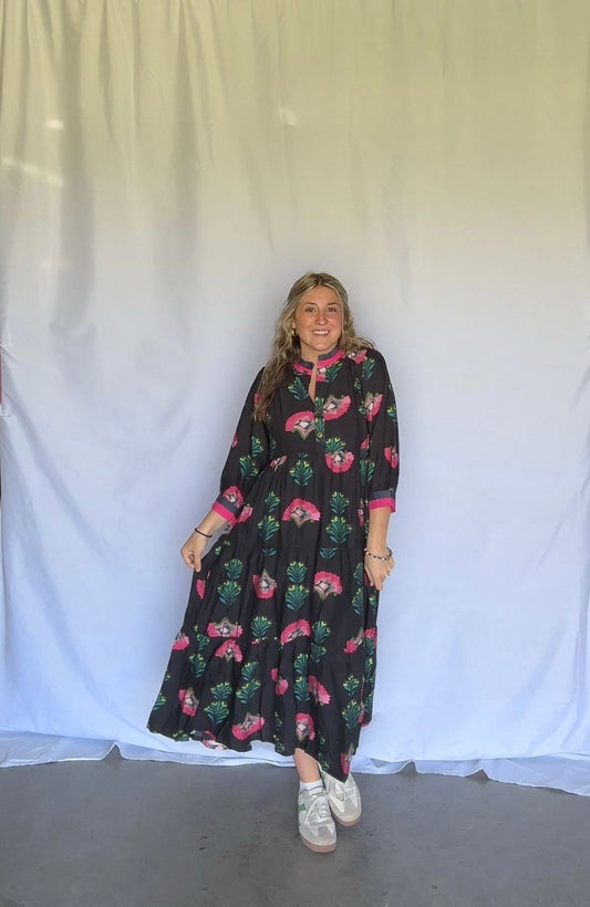 Black Floral Elbow Length Dress