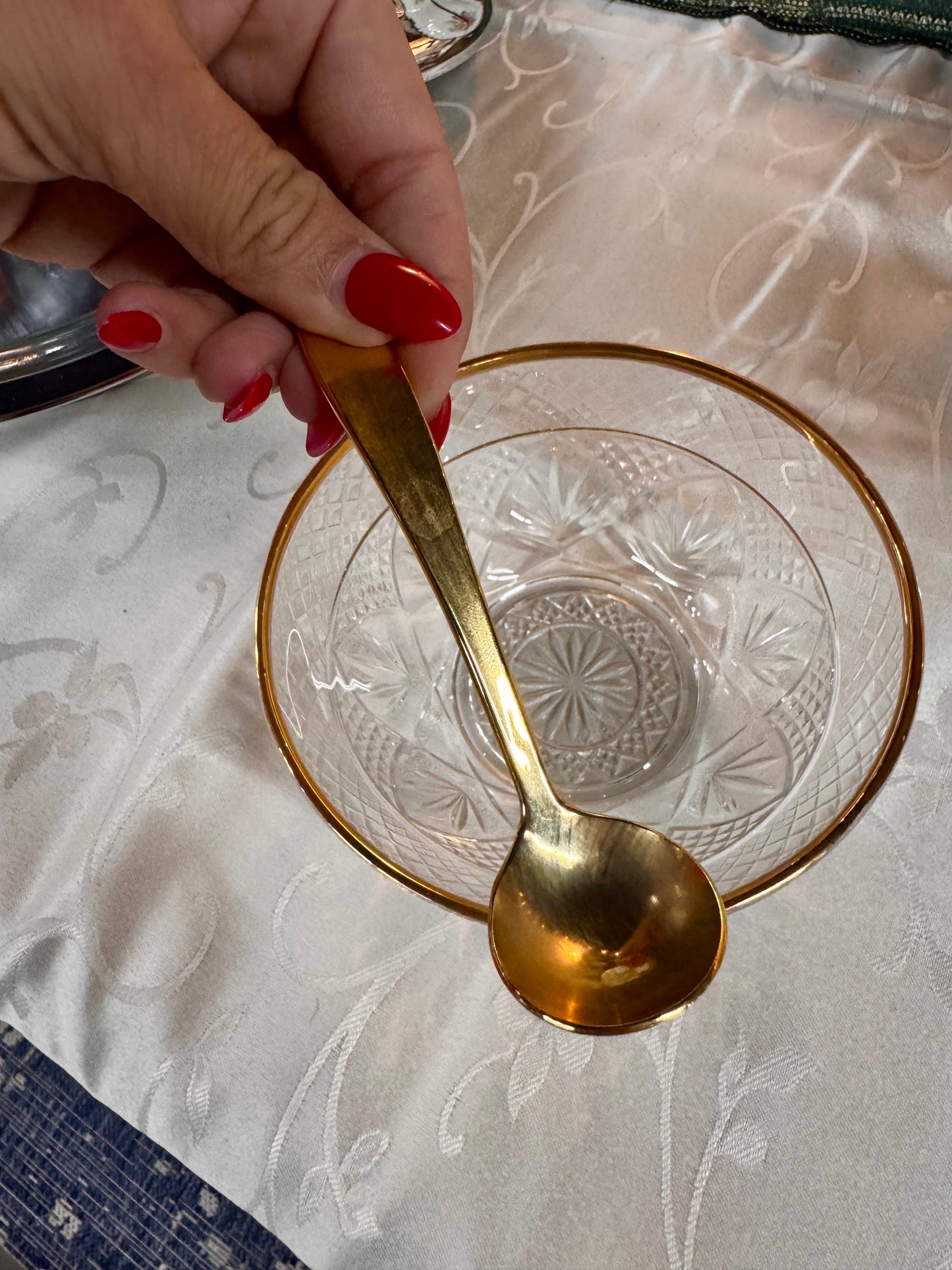 Pressed Glass Condiment Bowl & Gold Spoon