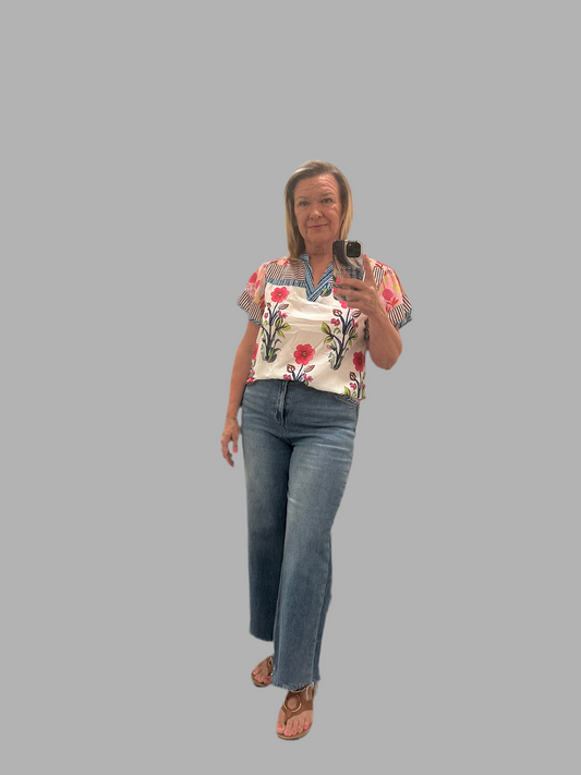 Floral Multi Pattern Split Neck Top