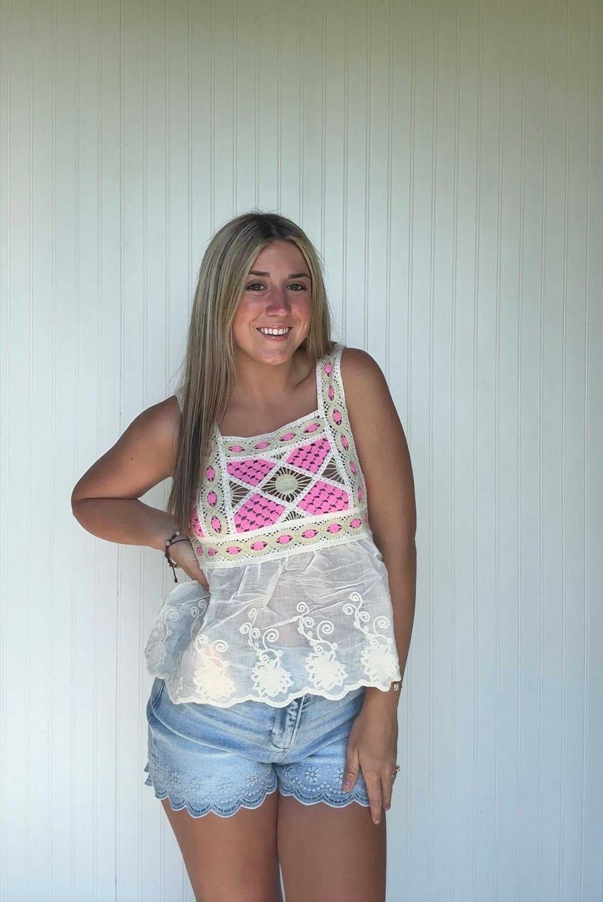 Embroidered Peplum Crochet Tank
