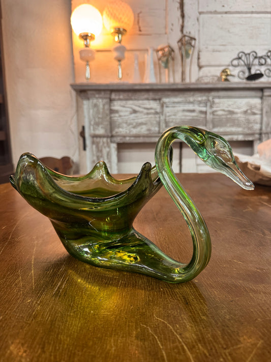 Vintage Hand Blown Glass Swan Dish