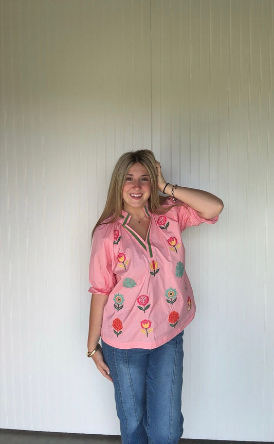 Embroidered Floral Peasent Top