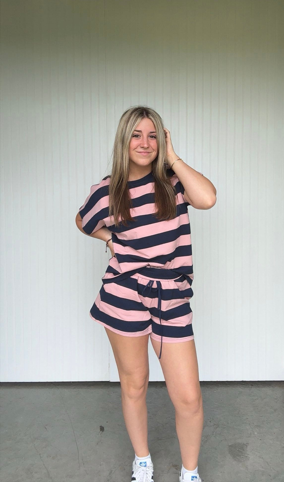 Striped French Terry Casual Knit Top & Shorts Set