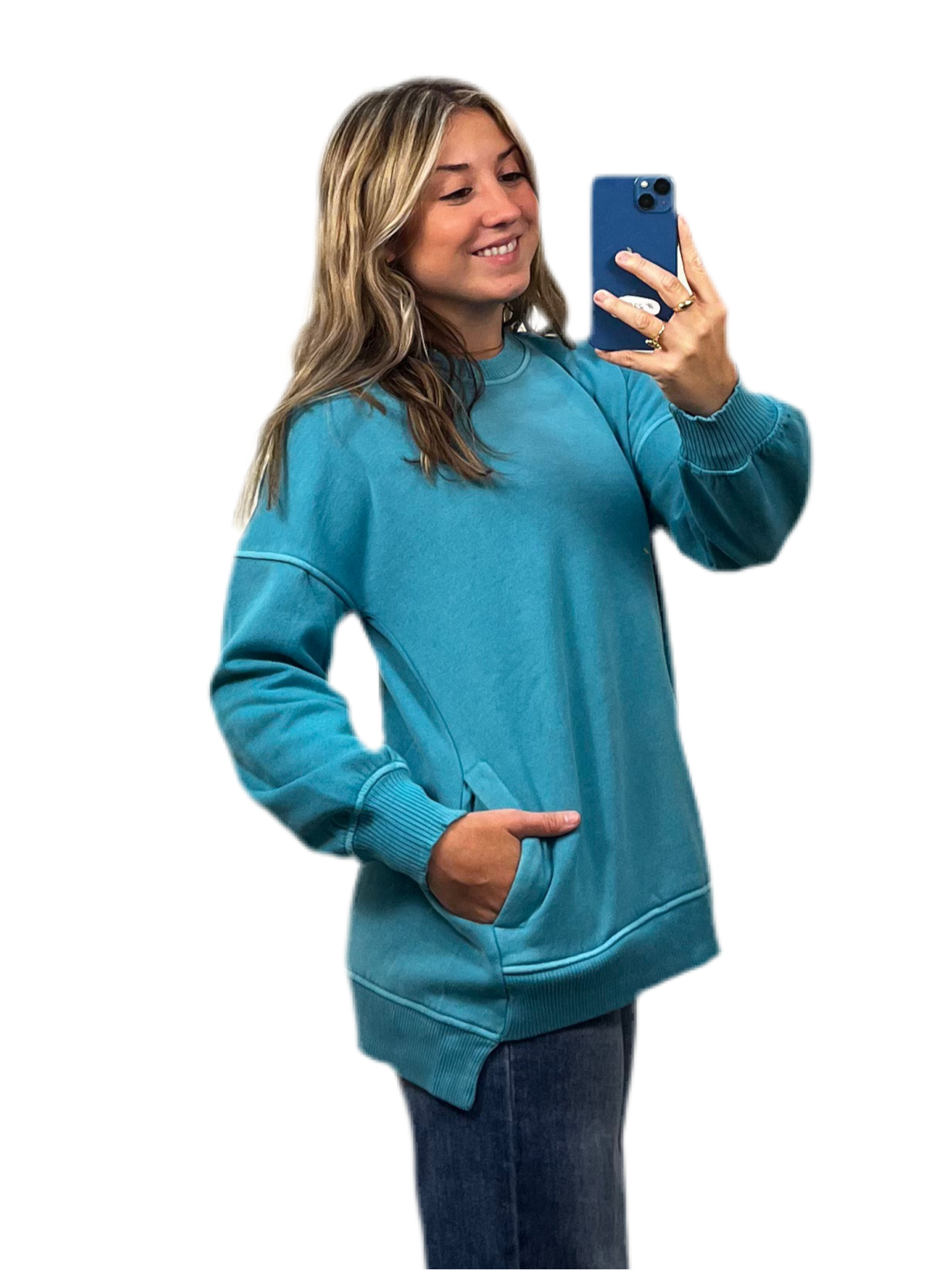 Pigment dye fleece hi-low hem pullover with pocket