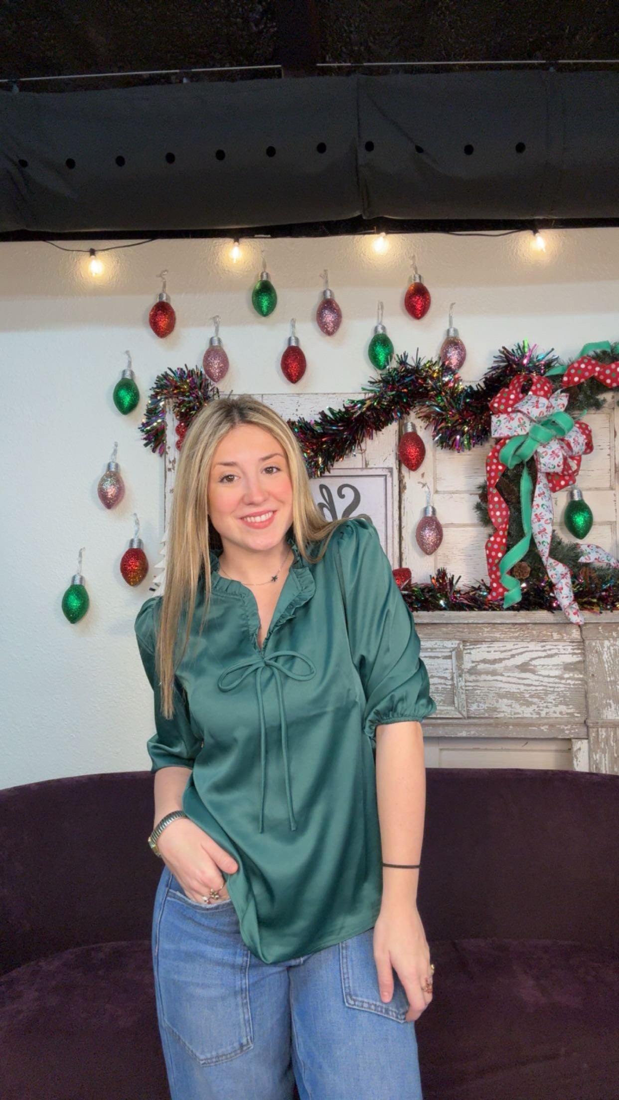 Solid Color Frilled V Neck Blouse