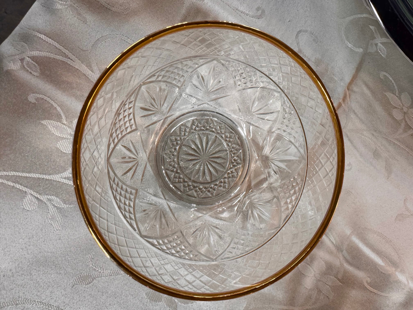 Pressed Glass Condiment Bowl & Gold Spoon