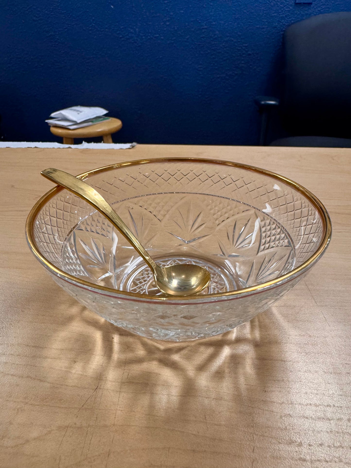 Pressed Glass Condiment Bowl & Gold Spoon