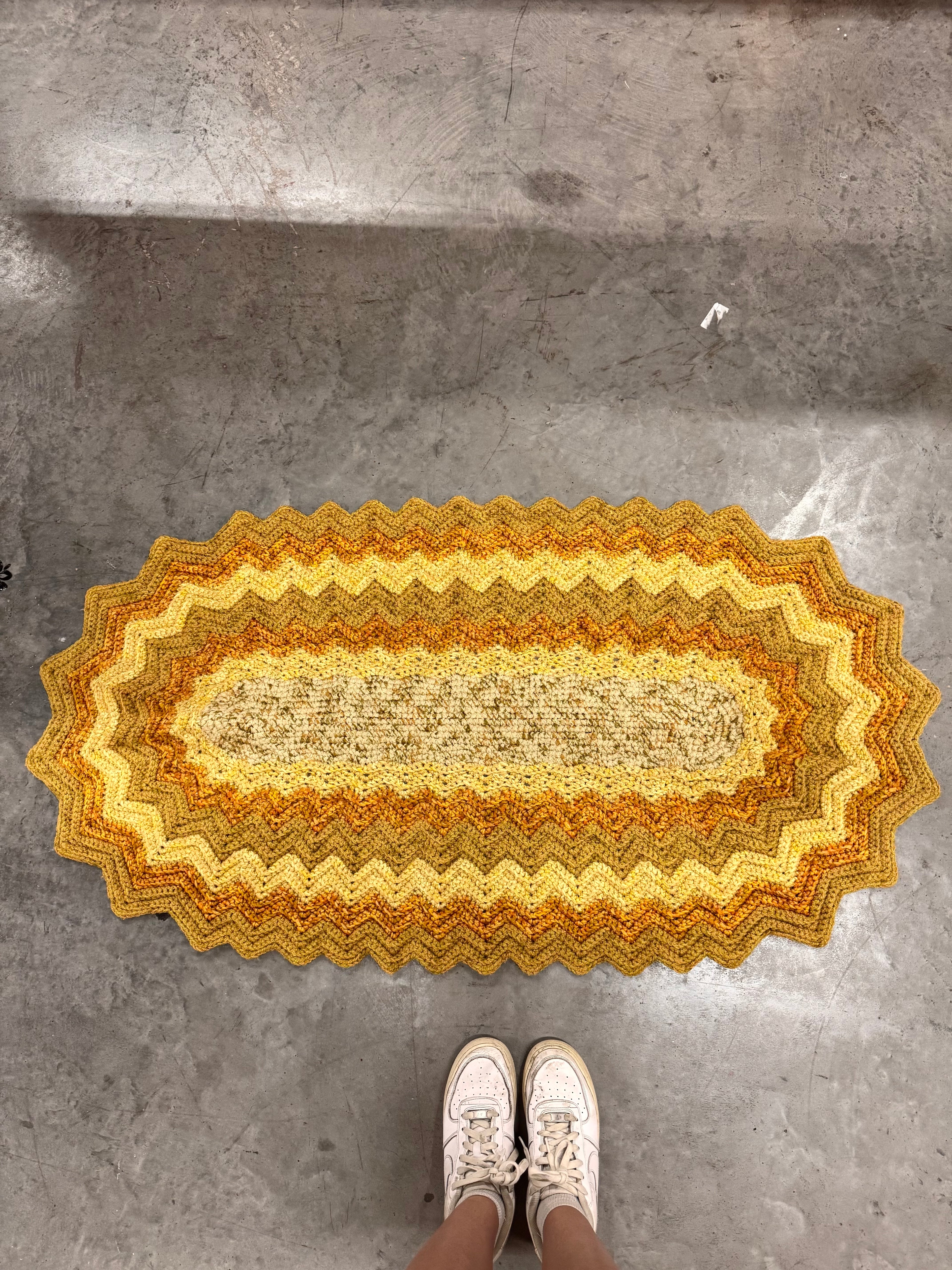 1970s Multi-Colored Hand-Crocheted Oval Rug
