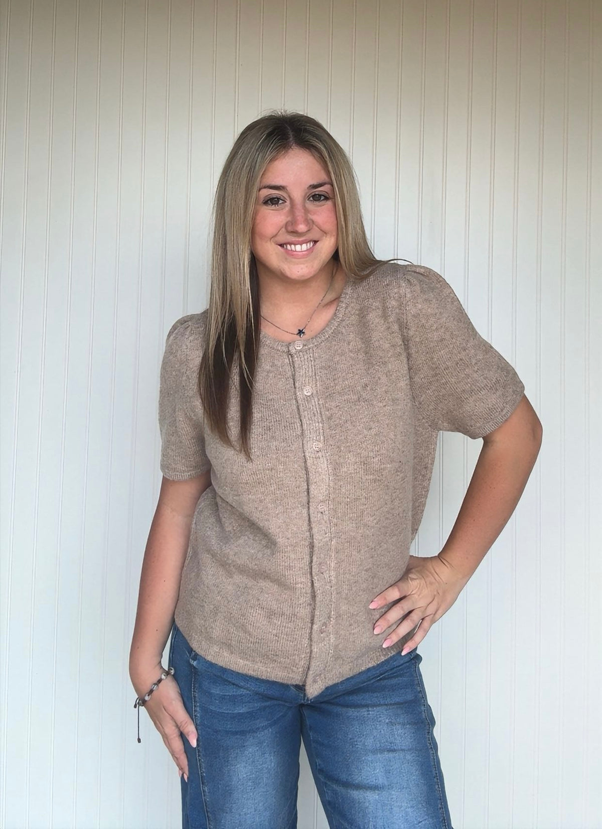 Knit Short Sleeve Button Down Cardigan Top