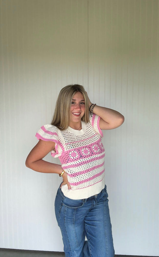 Floral Crochet Short Sleeve Sweater