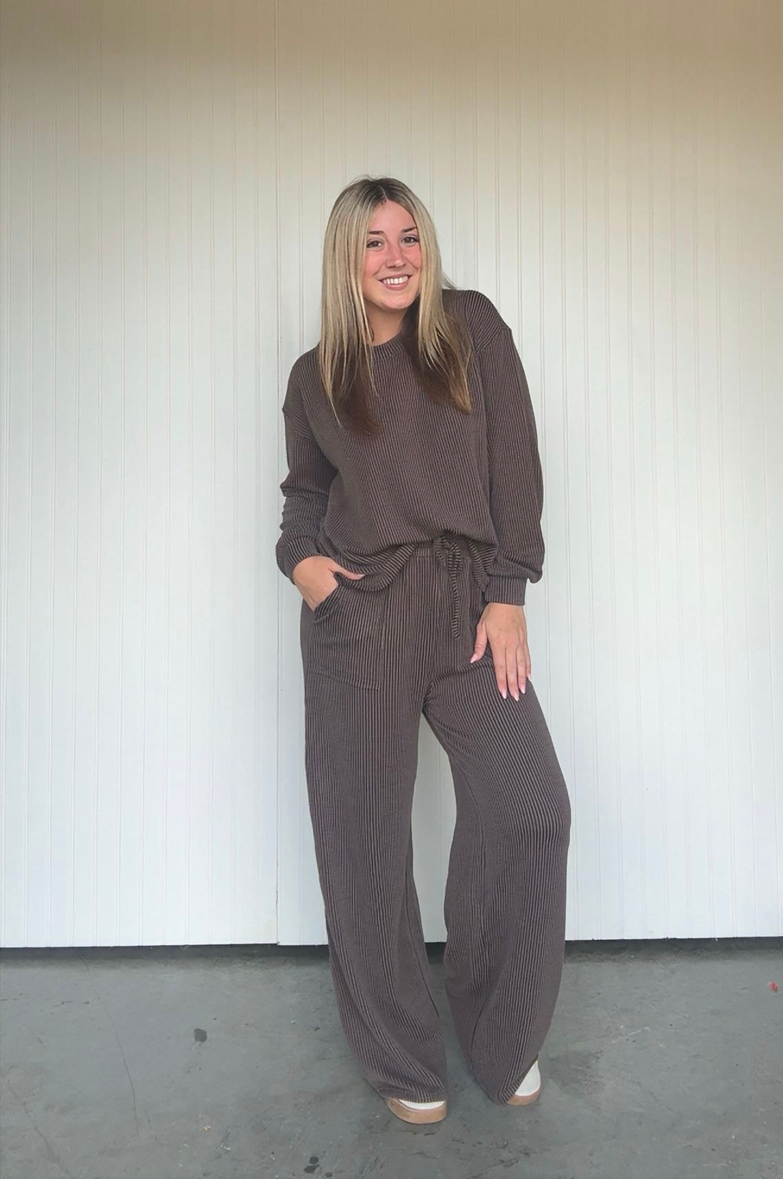 Raised Rib Round Neck Pullover Pant Set