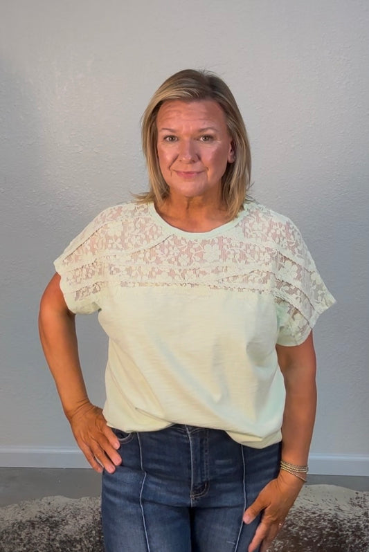 CROCHET LACE MIX COTTON SLUB SOFT WASHED TOP