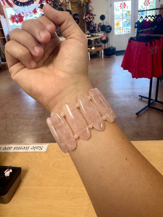 Vtg Polished Rose Quartz Cuff Bracelet