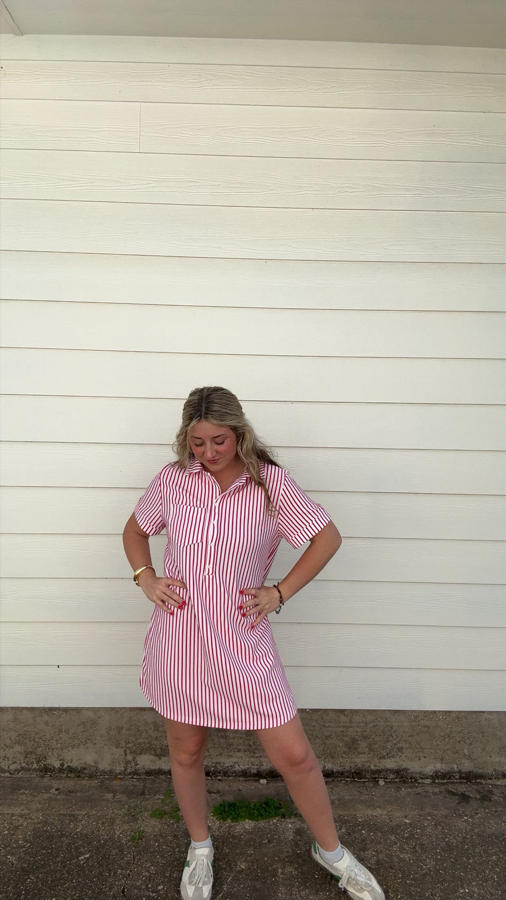 Stripe Collar Half Button Dress