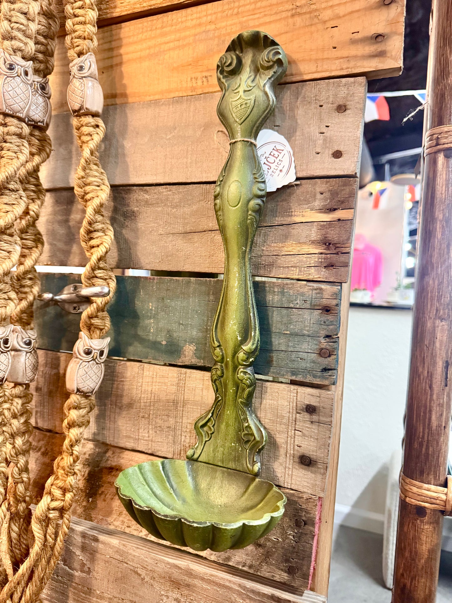 70s Distressed Patina Cast Metal Wall Ladle