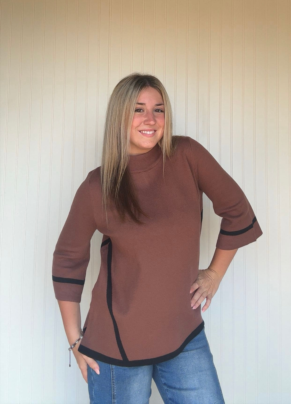 Mock Neck Contrast Trim Short Sleeve Knit Sweater Top